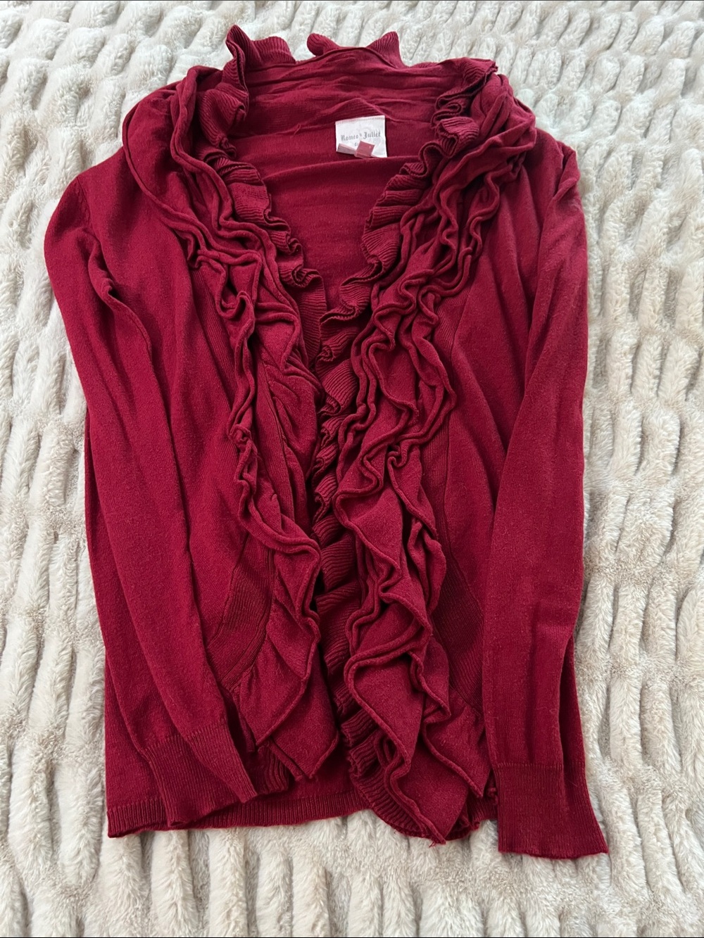Romeo & Juliet Couture Ruffled Open Cardigan - Burgundy